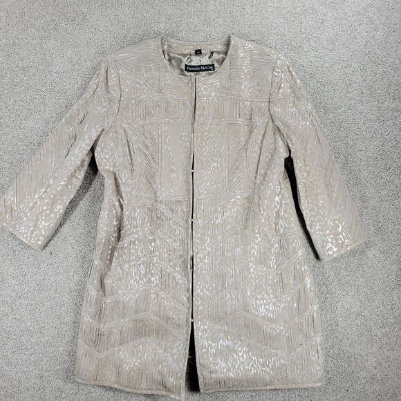 Pamela McCoy Leather‎ Jacket Womens M Cream Silver Animal Print Banded Longline - Picture 1 of 16